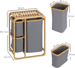 Bamboe wasmand-3 uitneembare manden-50 cm x 32 cm x 69-7 cm-naturelgrijs — thumbnail 5