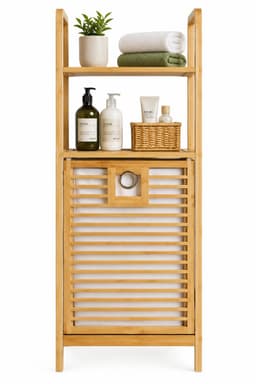 HEM Bamboe Badkamerrek met Wasmand 40x30x95 cm - Wasmandrek met 2 Opbergplanken - Badkamer Organizer - Inclusief Microvezeldoekje — thumbnail 4