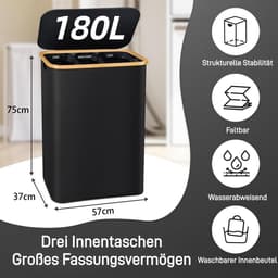 Wasmand met 3 Vakken - Grijs - 180 Liter - Opvouwbare Wasmand met Deksel en Schoenenwaszak - Voor Eenvoudige Organisatie van Wasgoed — thumbnail 3