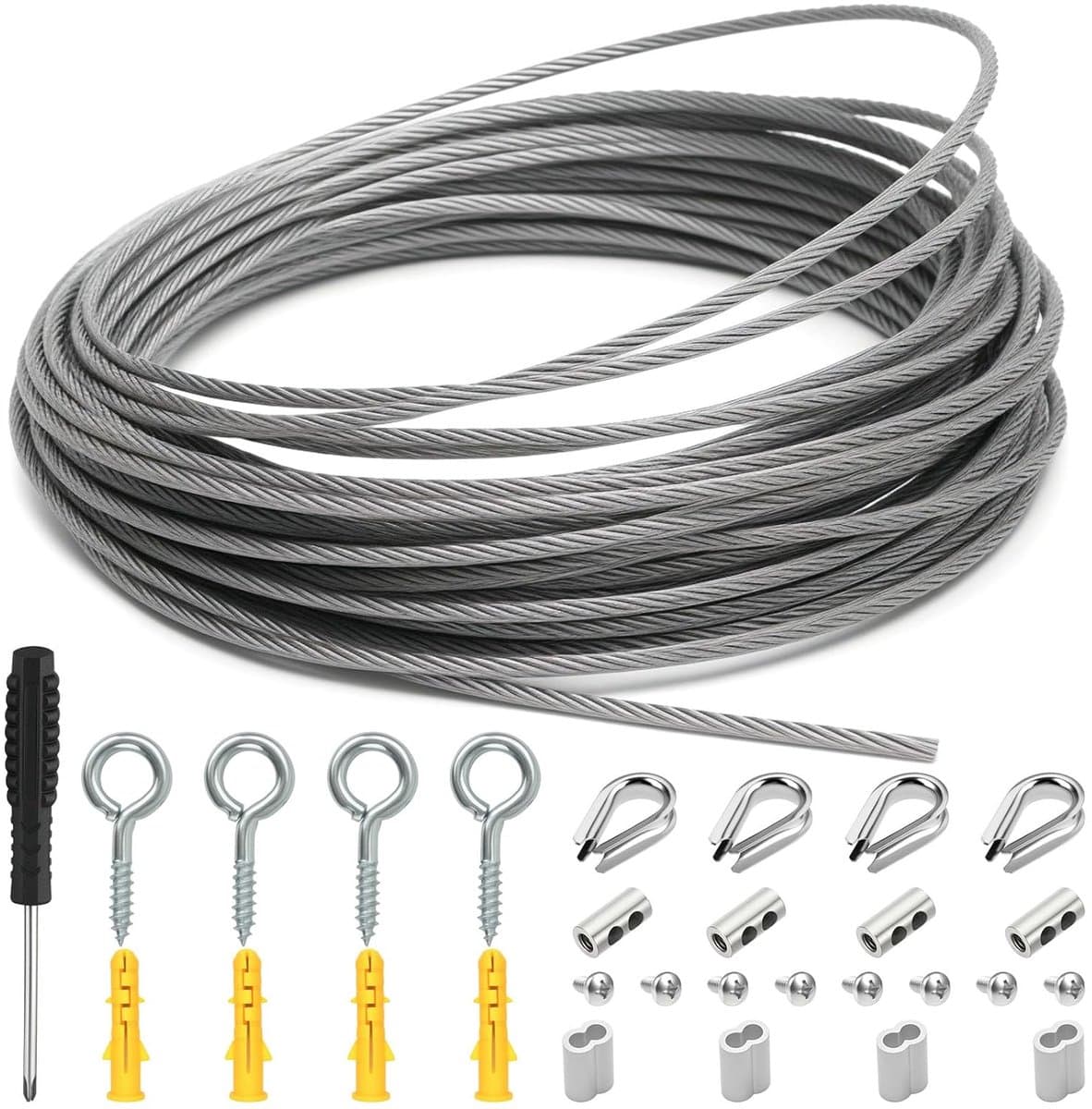 SnelShoppen - 15 m RVS Kabel 2 mm met Aluminium Sleeves, Kabelklemmen en M2 Kabel, Geïsoleerd voor Klimhulp, Waslijn, Klimplant Rope, Buiten, Tuin — afbeelding 1