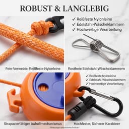 Waslijn, 10 m, uittrekbaar, reiswaslijn met 20 roestvrijstalen wasknijpers en 10 stoppers, winddicht, outdoor waslijn voor camping, camper, caravan, balkon en vakantie, oranje — thumbnail 4