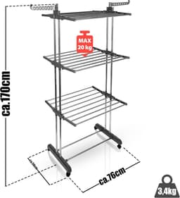 Droogrek Toren - Wasdroger Rek - Kleding Drogen - Ruimtebesparend Ontwerp - 50 x 76 x 170 cm - Grijs — thumbnail 5