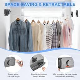 Intrekbare Waslijn - Uitschuifbare Waslijn - Kleding Drogen - Dubbel Touw - 2 x 5.1 m - Grijs — thumbnail 2