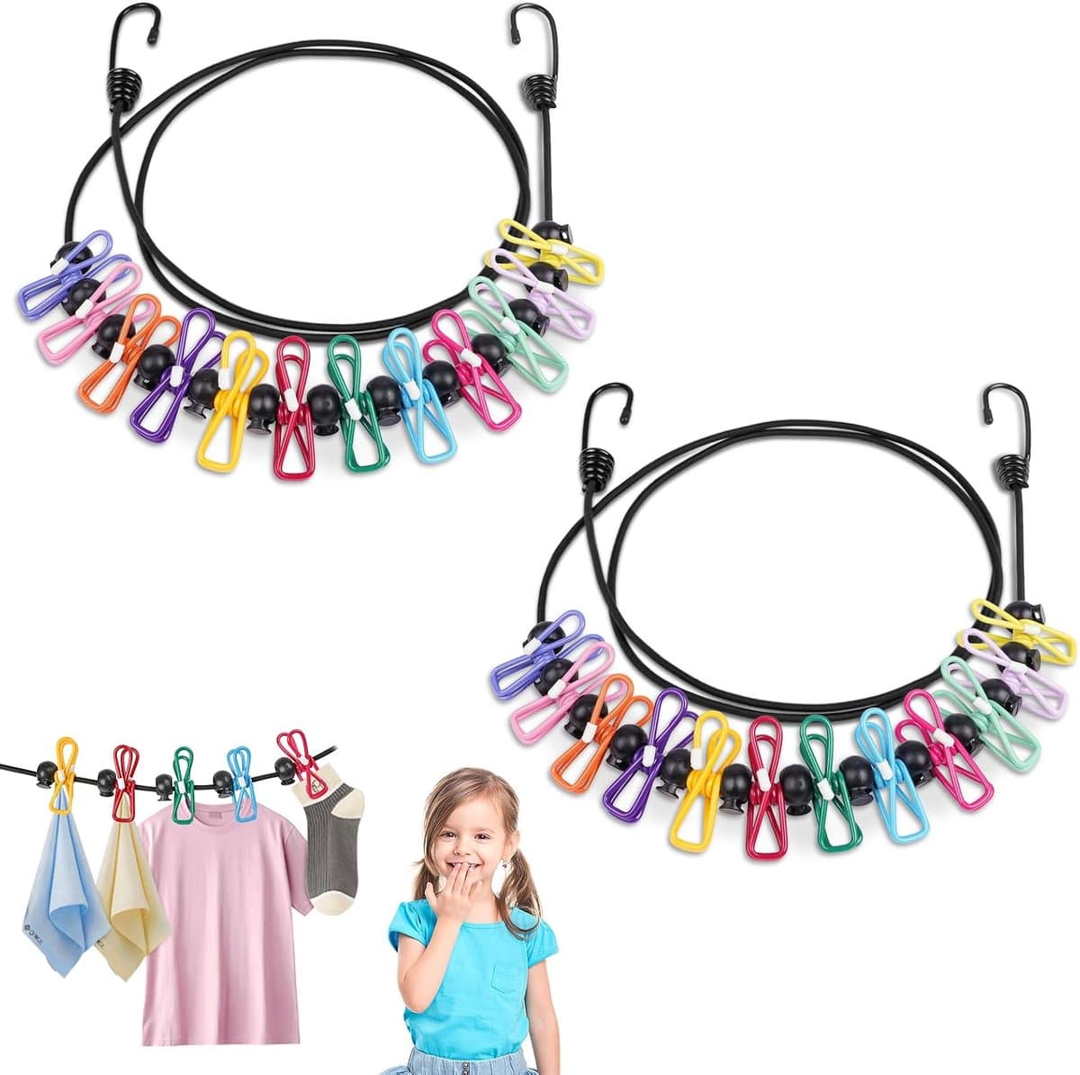 flintronic Intrekbare reiswaslijn, 2 stuks, 1,8 m intrekbare waslijn, waslijn, camping, draagbaar, met 12 wasknijpers, waskoord, wasrek voor badkamer, outdoor — afbeelding 1