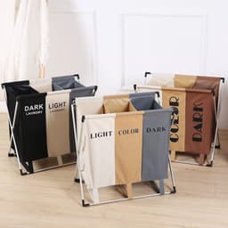 Wassorteerder - 90L - Wasmand 3 Vakken - Opvouwbare Wasmanden - Wassorteerder 3 vaks - Alu Frame - Wit - Beige - Bruin — thumbnail 3