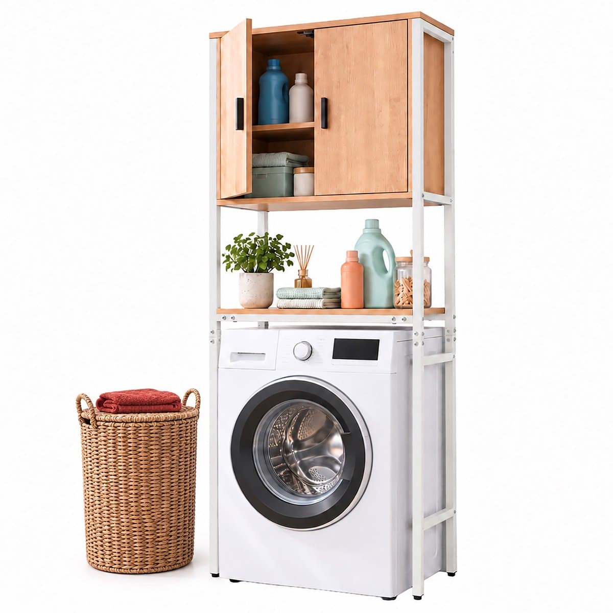 Wasmachine rek - 170x64x27 cm - met kast - wit-natuur — afbeelding 1