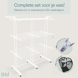 BAUER & MEYER® - Droogrek XL - Wasrek Inklapbaar - 40 Meter drooglengte - Incl. 20 wasknijpers + 1x wasmand - 170 x 134 x 65 cm - Wit — thumbnail 2