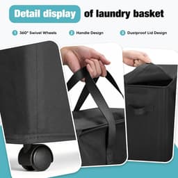 Wasmand met deksel en wielen 55L - Opvouwbare dunne wasmachine oxford doek opbergmand met lange handgreep, geschikt voor slaapkamer, badkamer, wasruimte (Zwart) — thumbnail 4