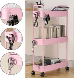 3-Tier Slide-out Slim Rolling Utility Cart Mobiele Opslag Rekken Organizer voor Keuken Badkamer Wasruimte Slaapkamer - Roze Plastic Wasmachine rek — thumbnail 5