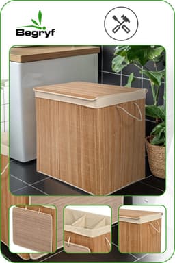 BEGRYF - Wasmand - bamboe en stof - met deksel - 60x40x61,5 cm — thumbnail 4