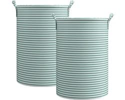 Wasmand Opbergmand Opvouwbaar - Set van 2 - XXL Formaat - Stoffen Wasmand - Voor Wasgoed Speelgoed en Kleding - Groen Gestreept — afbeelding 1