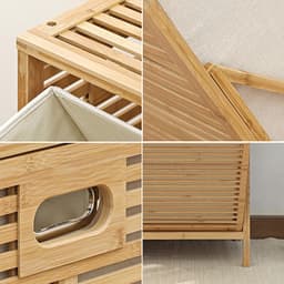 Grote Bamboe Wasmand - Kast Met Bakken - Kleding Sorteren - Uitneembare Stoffen Bakken - 97x30x72cm - Natuurlijk Bamboe — thumbnail 3
