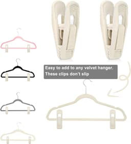 Fluwelen hangerclips voor fluwelen hangers - 20 stuks beige antislip fluwelen clip voor rokkenhangers, sterke vlokkenclips geschikt voor ivoorkleurige fluwelen hangers — thumbnail 2