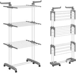 Shrivee 3-laags droogrek, opvouwbaar met 2 roterende vleugels, hoogte 178 cm, opvouwbare poten, ruimtebesparend droogrek met wielen voor thuis, balkon en tuin (grijs) — thumbnail 1