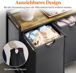 Wassorteerder - Met 4 Vakken, Opbergplank en Uittrekbare Zakken, 168L (4x 42L) - Voor Wasruimte, Badkamer en Slaapkamer - Zwart — thumbnail 2