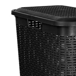 Plasticforte Smalle Wasmand met deksel Rotan - 2x - zwart - gevlochten kunststof - 48 liter - 27 x 46 x 60 cm — thumbnail 3