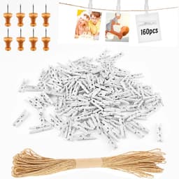 168pcs Mini Wooden Clips - Kleine Witte Mini Kledingknijpers - Huwelijk - Kleine Houten Knijpers voor Polaroid Foto's met 10M Jute Touw - DIY voor Fotowand Decoratie - Feest — thumbnail 1