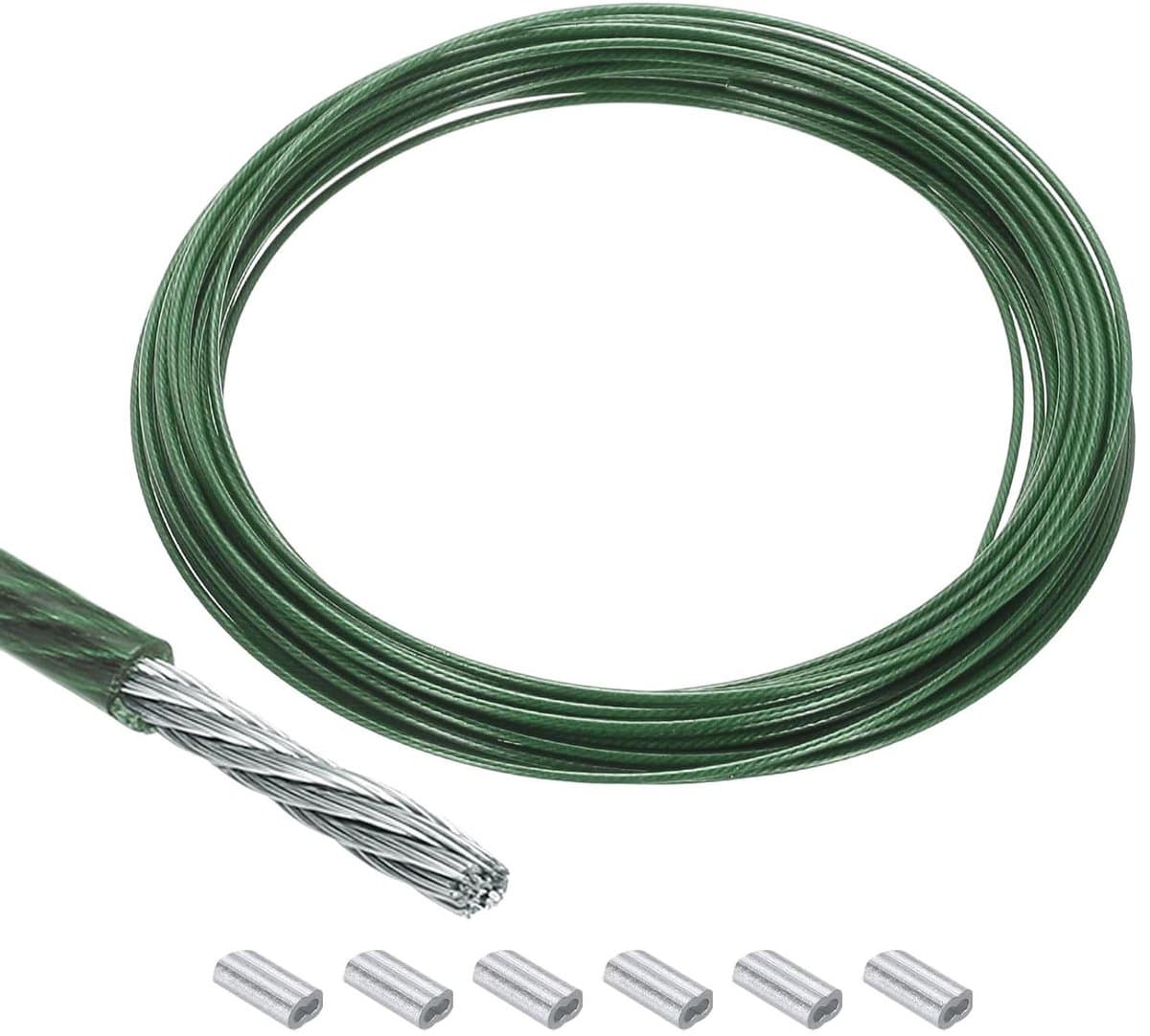 Allecta - Staalkabel 30 meter roestvrij staal 304 met vinyl coating en 6 aluminium hulzen voor wasrek optillen - Groen — afbeelding 1