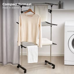 Lomera Inklapbaar Droogrek - Droogtoren Wit - 3 Niveaus - Verrijdbaar Droogrek - Met Zwenkwielen - Ruimtebesparend Wasrek - Droogrek Met Zijvleugels - Stabiel En Stevig - Metaal En Kunststof - Compact Ontwerp — thumbnail 3