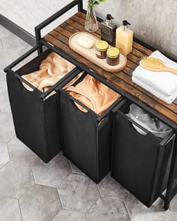 Wasmand 3 Vakken – Wassorteerder – Uitschuifbaar Met Plank – 114 L Verdeeld Over 3 Zakken – Wasmanden – Wasmand Zwart Metaal – 92,5 x 33 x 71 cm –Bruin Hout — thumbnail 3