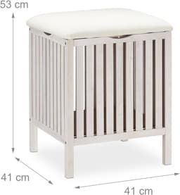 Stabiele wasmand met zitting - multifunctioneel - 1 stuk - wit/crème - hout/stof - 53x41x41 cm — thumbnail 4