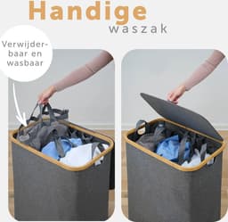 Blumtal Wasmand 140L - Wasmand met 2 uitneembare waszakkken - Wasmand met 2 vakken - Smalle wasmand - Flesverzamelaar - Wasmand met deksel - Grijs — thumbnail 2