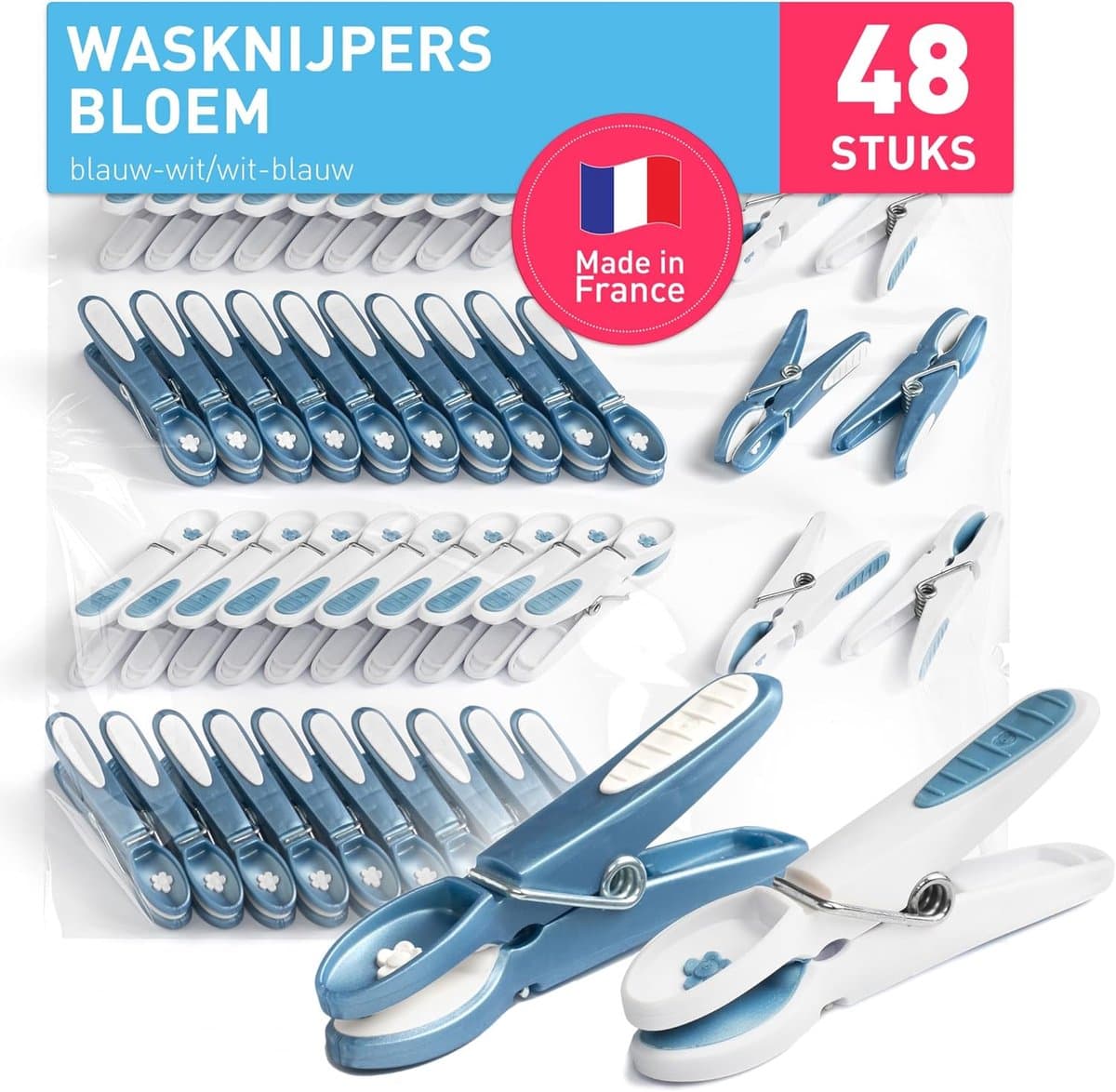 Wasknijpers Bloem - Set van 48 Stuks in Blauw en Wit - Premium Kwaliteit voor Binnen en Buiten — afbeelding 1