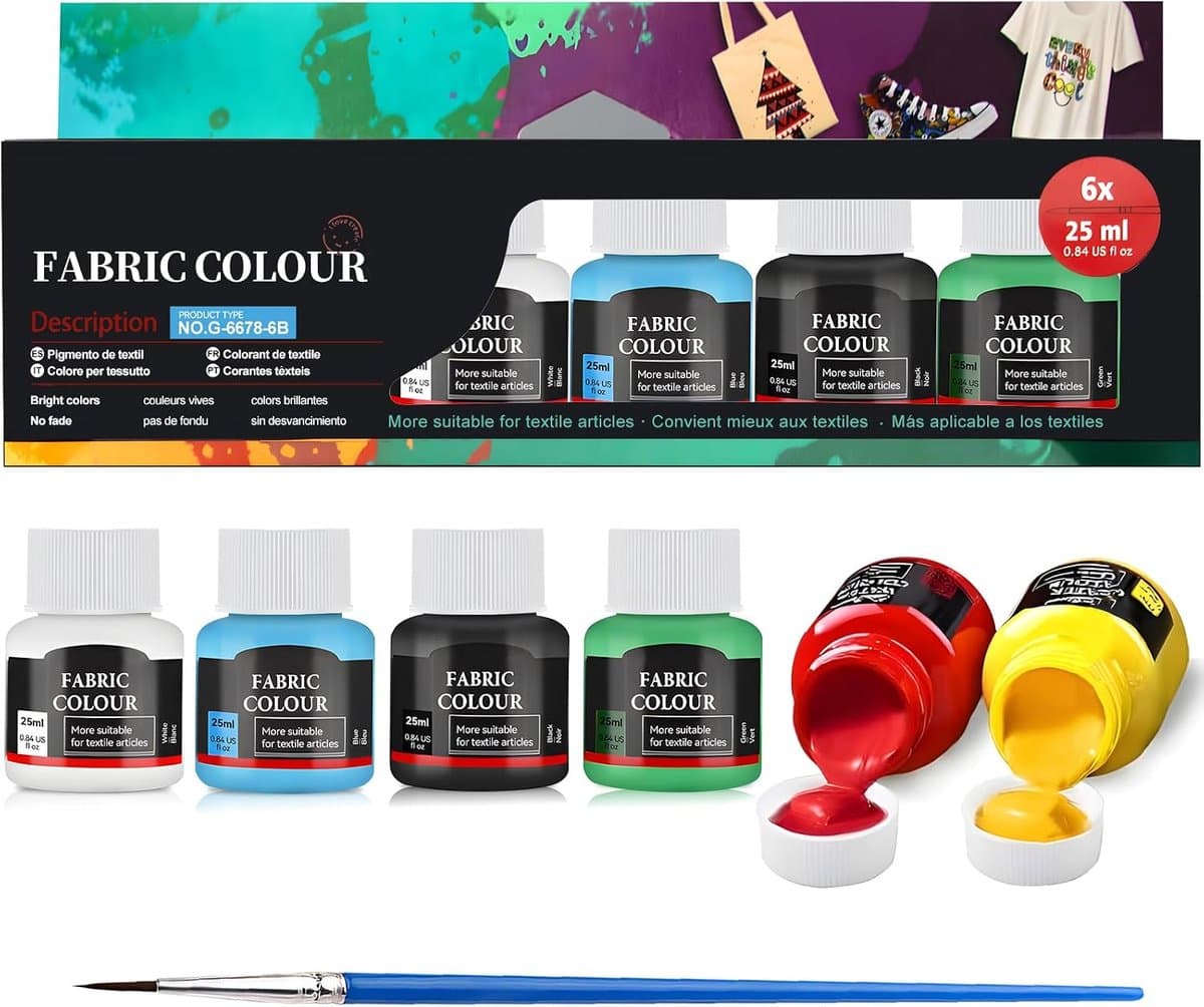 Paint, textielverf, wasbare stofverf voor kleding, T-shirt, jeans, stof, canvas, glas, crème, hout (6 kleuren) — afbeelding 1
