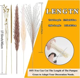 Gras, kunstbloemen, set van 90 stuks, gedroogde planten, boeketarrangement, 100% natuurlijke driedbloemen voor boho-decoratie, woonkamer en vazen — thumbnail 3