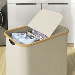 Dubbele opvouwbare wasmand van 80 liter met deksel - gegroefde handgrepen - beige — thumbnail 3