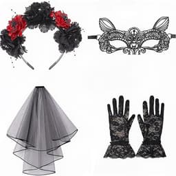 Lifreer De Halloween-kostuumset bevat een halloween-hoofdband, een zwarte sluier, een rozenhalsketting, een kanten masker en korte kanten handschoenen voor Halloweenkostuumaccessoires. — thumbnail 1