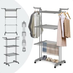 BAUER & MEYER® - Droogtoren met wieltjes - Inklapbaar poten - Incl. 20 wasknijpers - Wastoren - 173 x 75 x 63 cm - Grijs — thumbnail 1