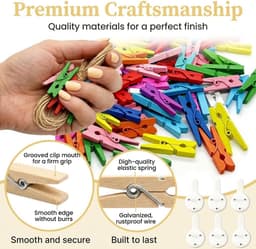 Wasknijpers van hout met 10 m jute koord en 10 wandspijkers, kleine houten knijpers voor foto's, foto's, ansichtkaarten, kleurrijke mini-klemmen voor doe-het-zelf knutselen en decoratie — thumbnail 2