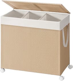Waskorf 66,5 x 37,5 x 65 cm, Wasmand met 3 Compartimenten, 140 Liter, Vuile Wasmand met Deksel, Uitneembare Waszak met Handvat, 4 Wielen, 2 Remmen, Wasgoed Sorteren, Wasmand van Synthetisch Rotan, Metaal en Polyester-Katoen, Naturel, voor Wasruimte — thumbnail 1