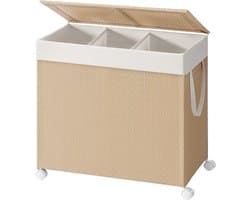 Waskorf 66,5 x 37,5 x 65 cm, Wasmand met 3 Compartimenten, 140 Liter, Vuile Wasmand met Deksel, Uitneembare Waszak met Handvat, 4 Wielen, 2 Remmen, Wasgoed Sorteren, Wasmand van Synthetisch Rotan, Metaal en Polyester-Katoen, Naturel, voor Wasruimte