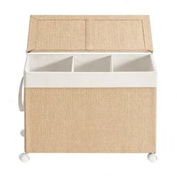Waskorf 66,5 x 37,5 x 65 cm, Wasmand met 3 Compartimenten, 140 Liter, Vuile Wasmand met Deksel, Uitneembare Waszak met Handvat, 4 Wielen, 2 Remmen, Wasgoed Sorteren, Wasmand van Synthetisch Rotan, Metaal en Polyester-Katoen, Naturel, voor Wasruimte — thumbnail 5