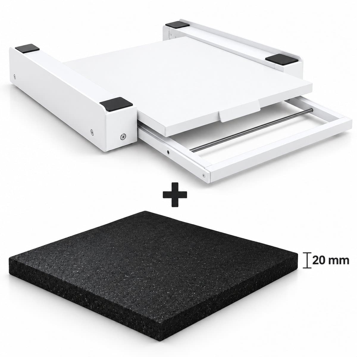 ProductXpert Stacko™ - Stapelkit & Anti Trillingsmat voor Wasmachine en Droger - Tussenstuk - Uitschuifbare Plank met Handdoekhouder - Wit- AntiSlip - Geluidsdempende Antislip Mat - 620 x 620 x 20 mm — afbeelding 1