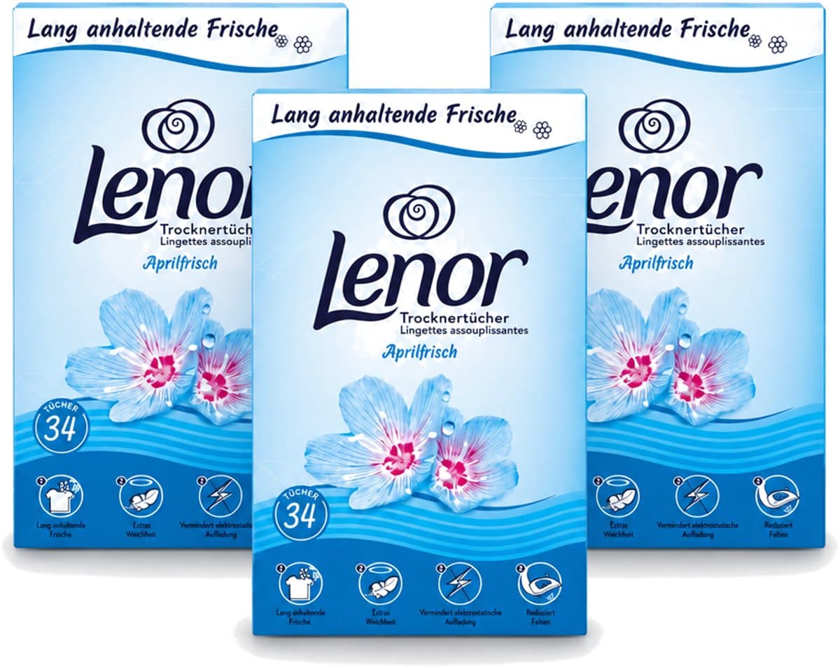 3 x Lenor - Droogtrommeldoekjes - Aprilfris - Textielverfrisser - 34 Doekjes - Voordeelverpakking - 3 stuks — afbeelding 1