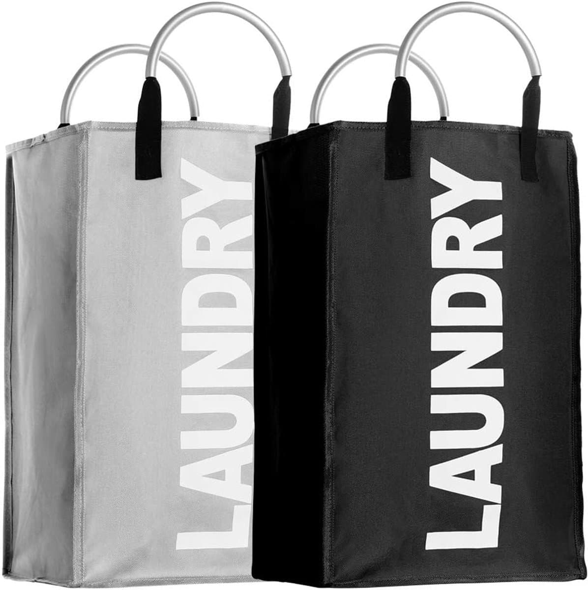 2 stuks opvouwbare wasmanden van stof, 40 liter, draagbare opbergtas met handgrepen, opbergtas voor badkamer, thuis of op reis, lichtgrijs + zwart — afbeelding 1