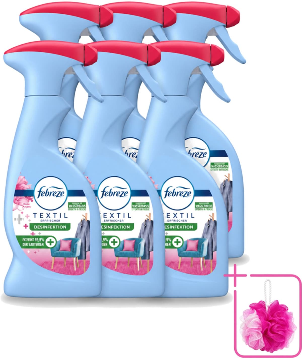 6 x Febreze – Textielspray – Roze Anjers – 375 ml - Bulkverpakking - Textielgeur - Douchemop - Textielverzorging — afbeelding 1