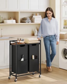 Klarven® Wasmand Inktzwart - Verrijdbare Wasmand - Wasmanden - Laundry Cart - 2 Vakken, Verwijderbare Waszakken - Met Plank en Wielen - 63x32x93cm — thumbnail 2