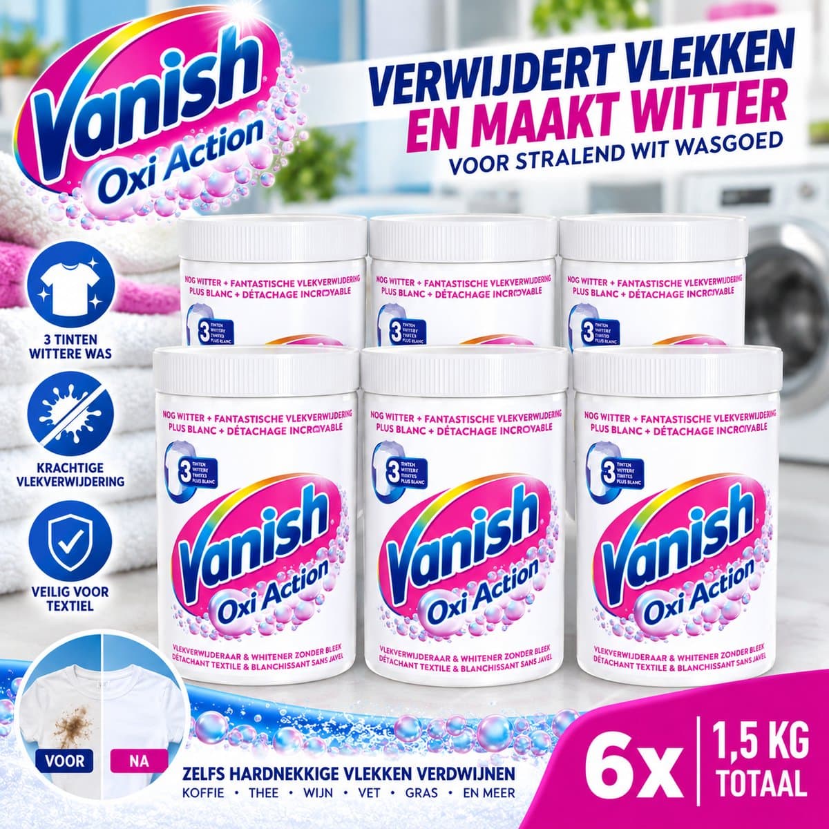 Vanish Oxi Action - Vlekkenverwijderaar Poeder - Zonder Bleek - Witte Was - 1.5 Kg - Voordeelverpakking - 6 stuks — afbeelding 1