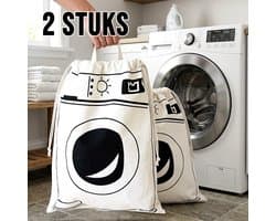 2 Stuks Waszakken met Wasmachine Print - Wasgoed Opbergtas met Trekkoord - Badkamer Was Zak - Laundry Bag - wit-zwart - 65 x 47 cm