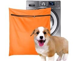 1 stuk - Waszak voor huisdiertextiel - Waszak van twill-polyester - Grote waszak met ritssluiting - Voorkomt dat haren van huisdieren de wasmachine verstoppen - Geschikt voor wasmachines - 70 x 60 cm - Voor honden, katten en konijnen - Oranje