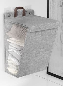 Opvouwbare wasmand met deksel en handvat, ophangbaar, ademende wasmand, grijs. — thumbnail 1