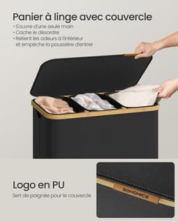 SONGMICS Wasmand met deksel, 170 l, frame van bamboe Vuilnismand, afneembare zakken, 3 vakken, voor wasruimte, inktzwart, collectie ROXANNE LCB — thumbnail 3