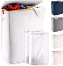 Wasmand met deksel & 2 compartimenten 150L Groot - Wasmand Ademend met stevig bamboe frame - inclusief uitneembare waszak Wasbaar - Wasmanden Waterdicht | Lichtgrijs — thumbnail 1