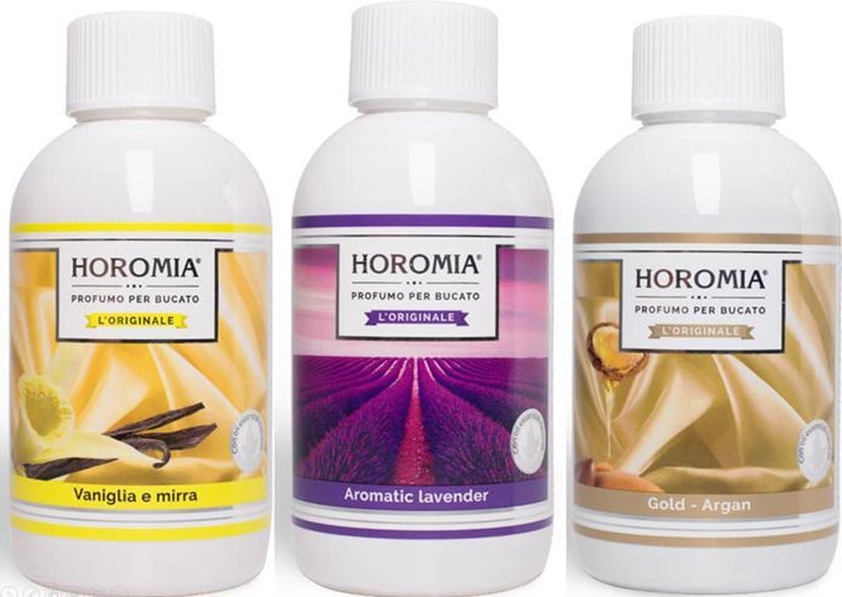 Wasparfum Horomia | set 3 x 250 ml Vaniglia e mirra, Aromatic lavender, Gold argan — afbeelding 1