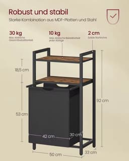 Wasmand 65L met Opbergplanken – Metalen Frame met Houten Blad – Uitneembare Jojo Waszak – Waterafstotend – 50×33×92 cm – Zwart — thumbnail 3