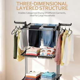 Soontrans Metalen Wasrek Met Wielen – Inklapbaar & Uitschuifbaar, 3 Verdiepingen Droogtoren 66x50x170cm, Multifunctioneel Voor Binnen/Buiten/Balkon, Stevig en Langleven, Inclusief 2 Sokkenclips en 1 Dubbellaagse Droogmand (Grijs) — thumbnail 4